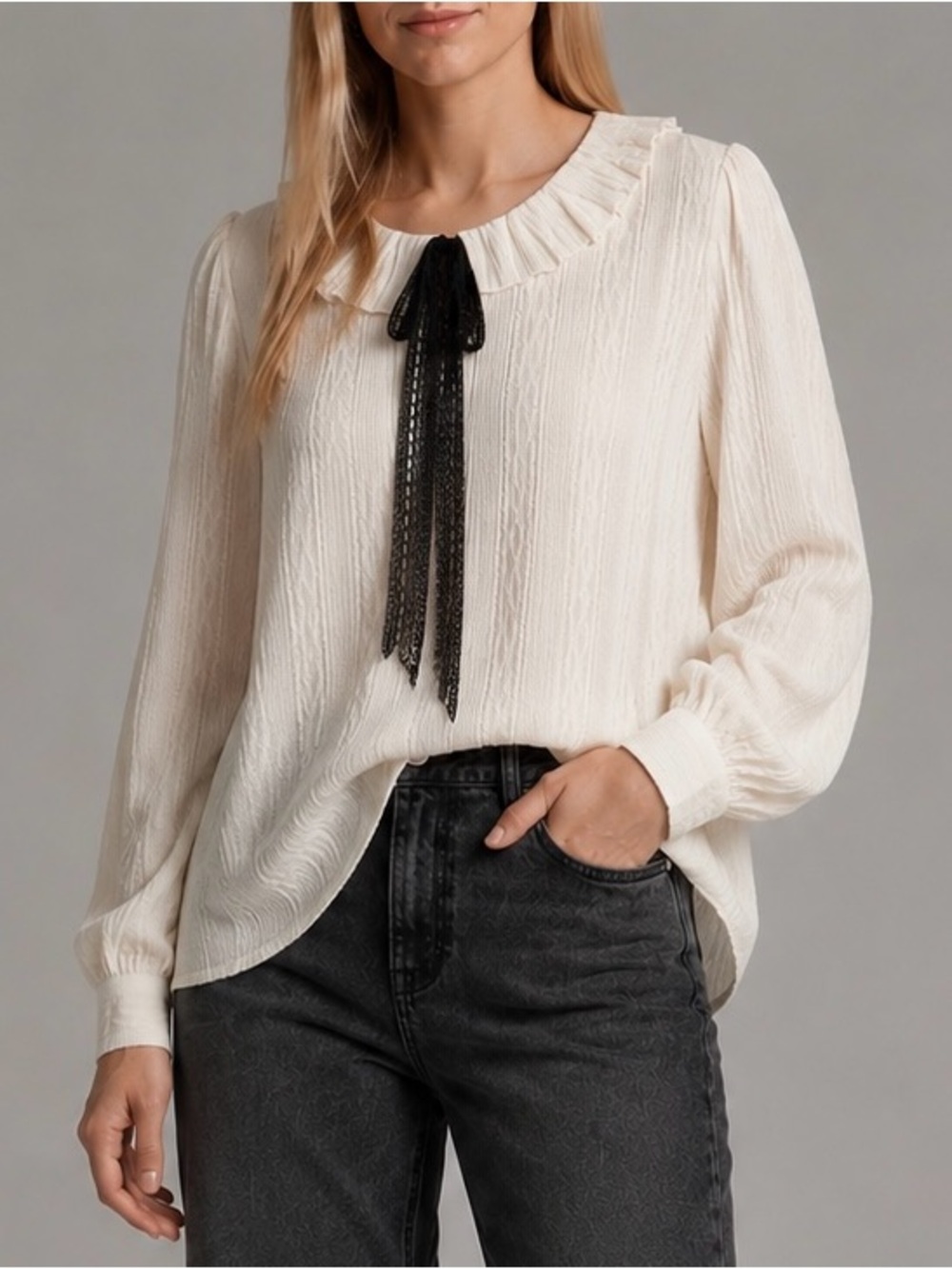 Miss Patina Cream Ruffled-Neck Blouse with Black Lace Tie